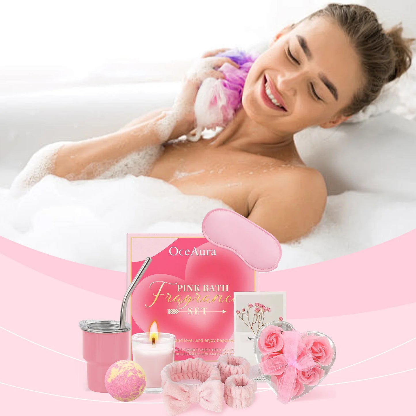 9 Piece Pink Bath Fragrance Set Contains Bath Bombs Hair Band Cup Scented Candle Etc Clean Body Relaxing Bath Kit for Woman Gift
