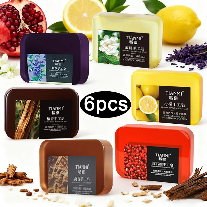6PCS Fruit & Flower Scented Handmade Soap (Lemon, Jasmine, Sandalwood, and 3 Other Fragrances) – Gentle Facial Cleansing