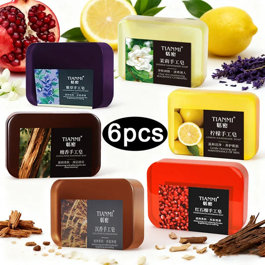 6PCS Fruit & Flower Scented Handmade Soap (Lemon, Jasmine, Sandalwood, and 3 Other Fragrances) – Gentle Facial Cleansing