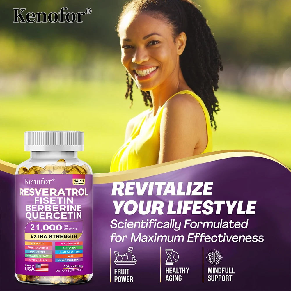 Resveratrol Supplement with Nad+, Berberine - 21000 Mg - Non-GMO and Gluten Free, 30/60/120 Capsules, Anti-Aging, Antioxidant