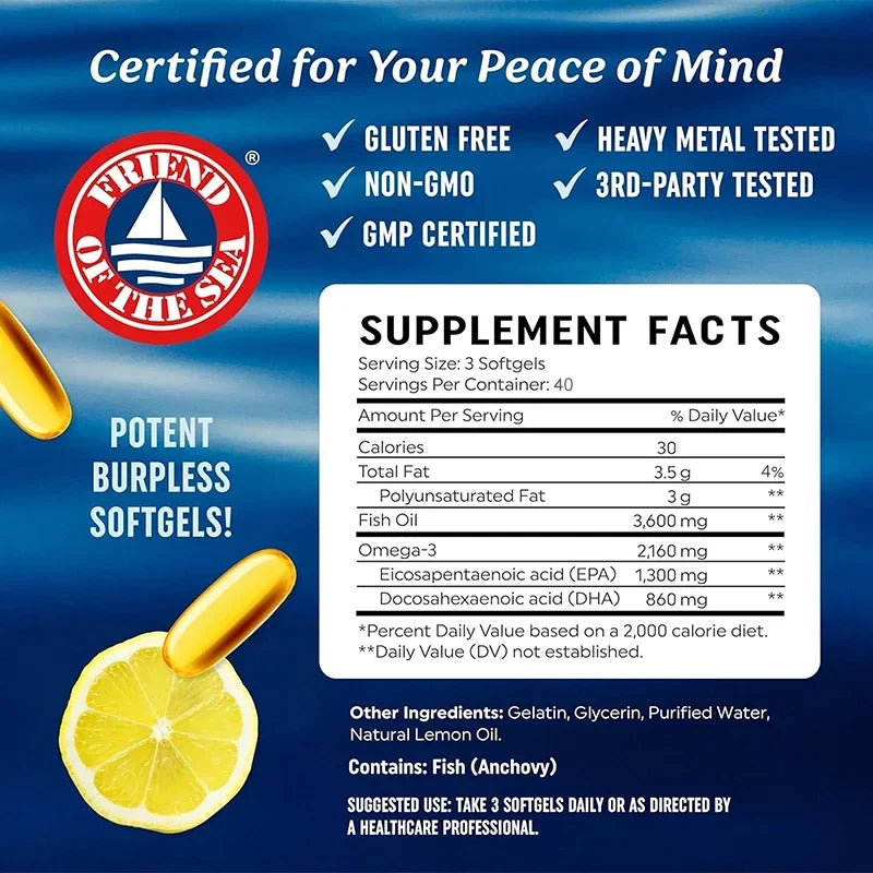 Omega 3 Fish Oil Supplement Omega-3, EPA and DHA, Relieve Brain and Joint Fatigue, Support Bone and Heart Health - 120 Capsules
