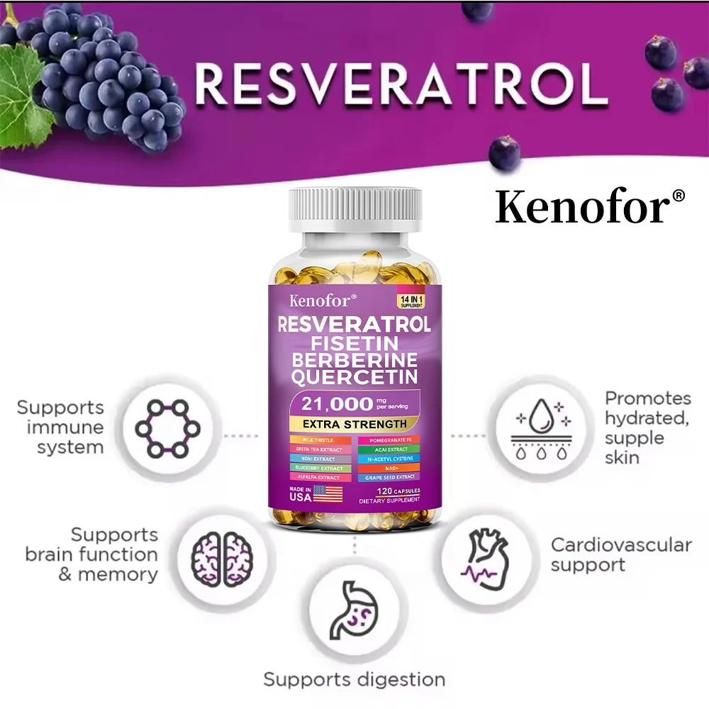 Resveratrol Supplement with Nad+, Berberine - 21000 Mg - Non-GMO and Gluten Free, 30/60/120 Capsules, Anti-Aging, Antioxidant