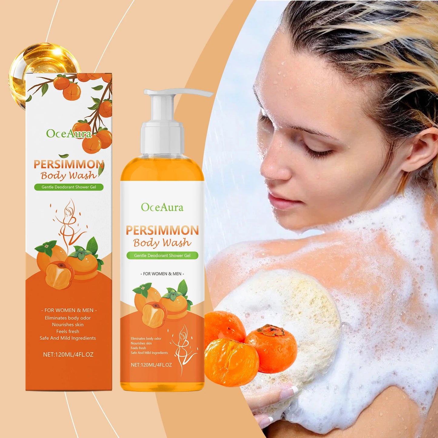 OCEAURA Persimmon Deodorizing Shower Gel Odor Remover Sweat Stains Body Cleaning Lasting Fragrance Smoothing Nourish Body Wash