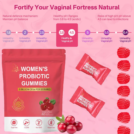 Women Probiotic Gummies, Feminine Balance Gummies, Cranberry Probiotics for Woman Vaginal Health, Yeast pH Balance | 60 Gummies