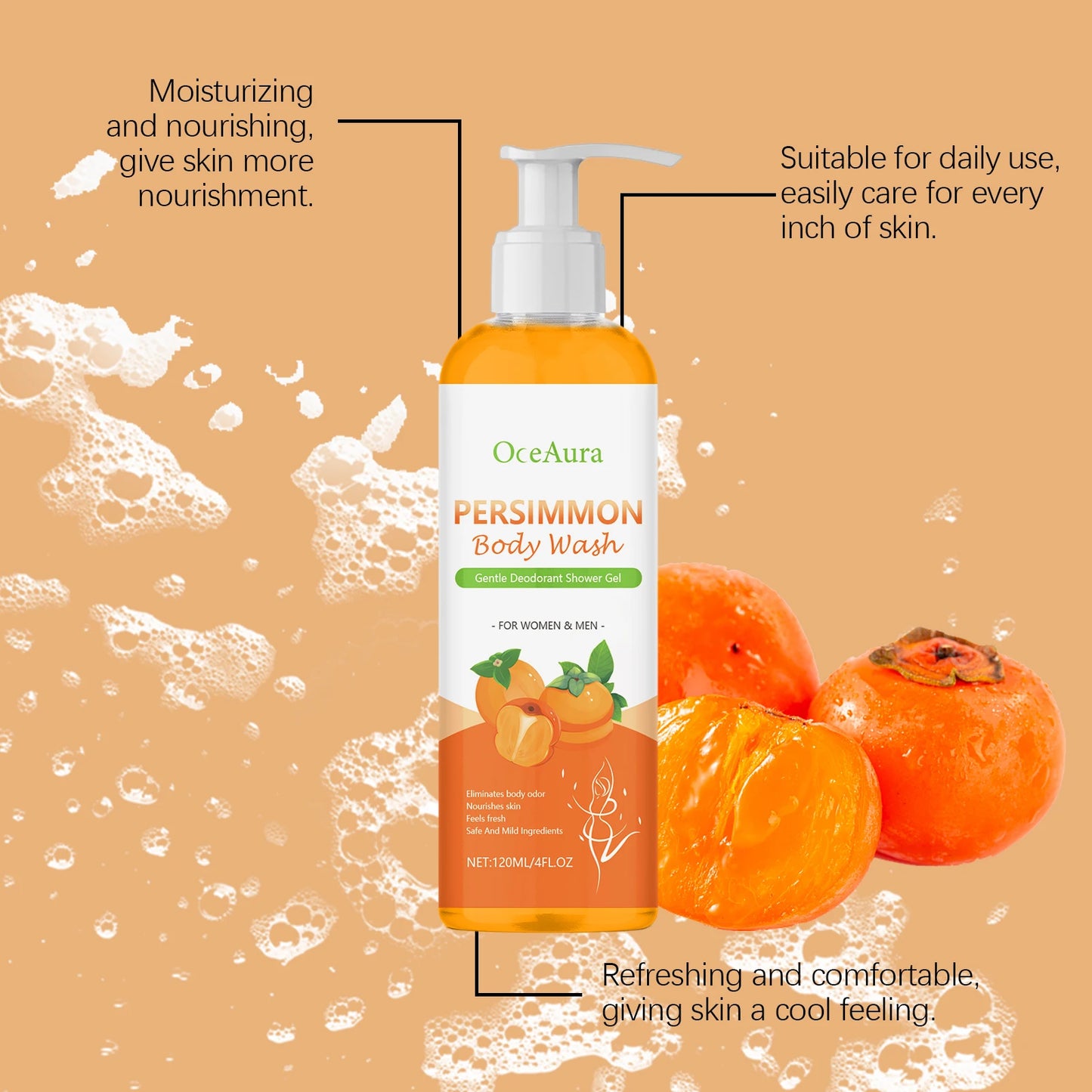 OCEAURA Persimmon Deodorizing Shower Gel Odor Remover Sweat Stains Body Cleaning Lasting Fragrance Smoothing Nourish Body Wash