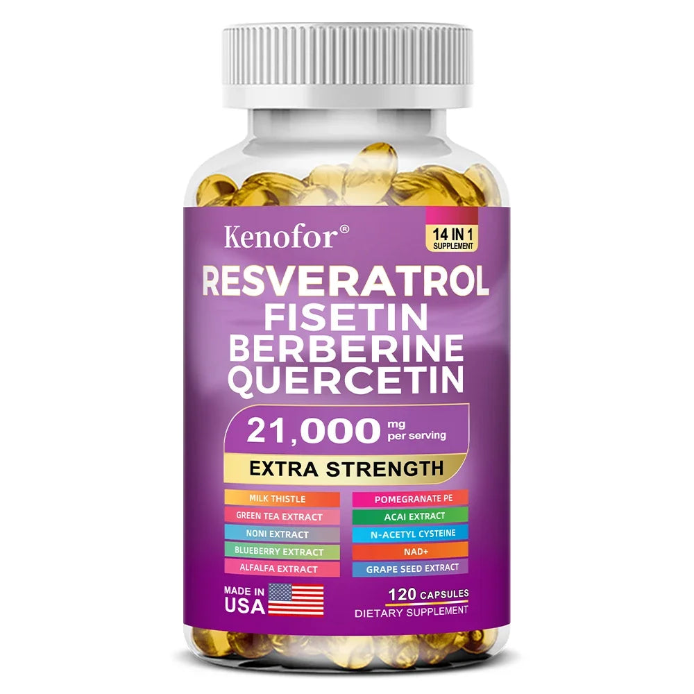 Resveratrol Supplement with Nad+, Berberine - 21000 Mg - Non-GMO and Gluten Free, 30/60/120 Capsules, Anti-Aging, Antioxidant