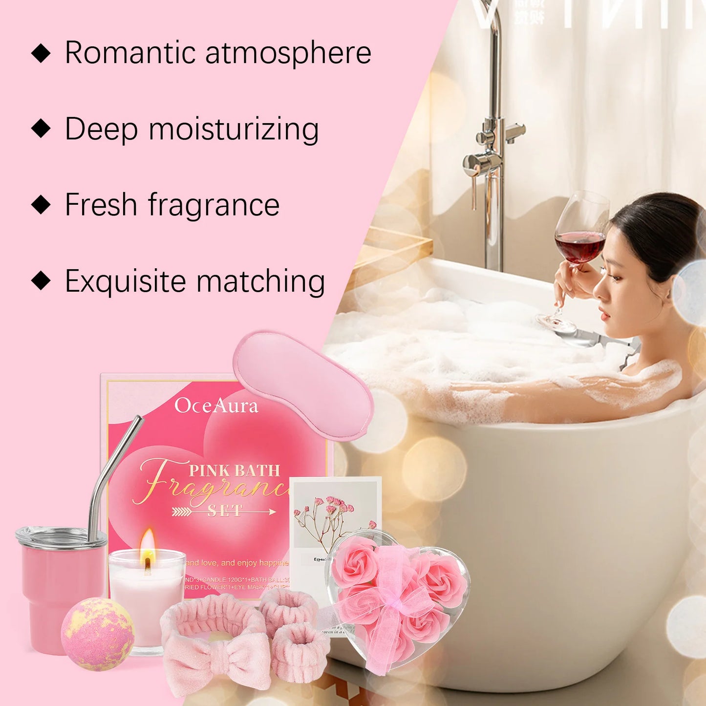 9 Piece Pink Bath Fragrance Set Contains Bath Bombs Hair Band Cup Scented Candle Etc Clean Body Relaxing Bath Kit for Woman Gift