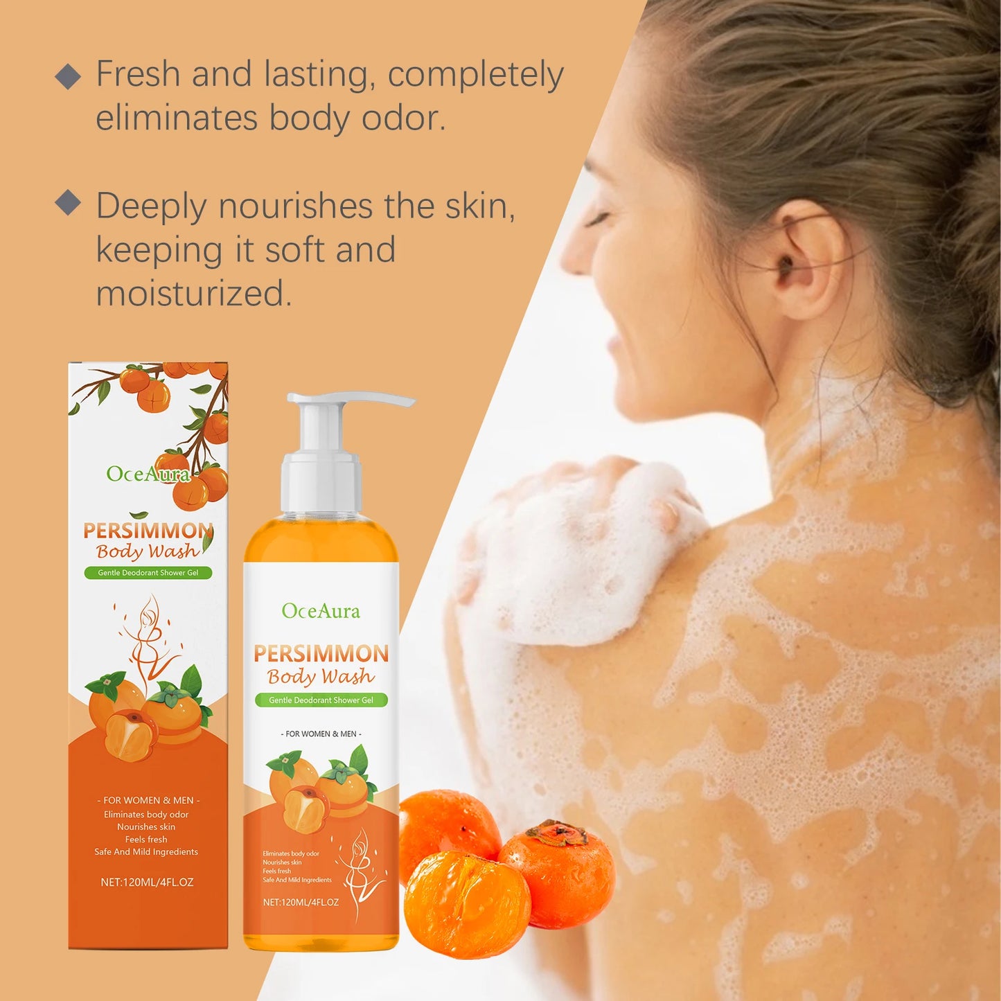 OCEAURA Persimmon Deodorizing Shower Gel Odor Remover Sweat Stains Body Cleaning Lasting Fragrance Smoothing Nourish Body Wash