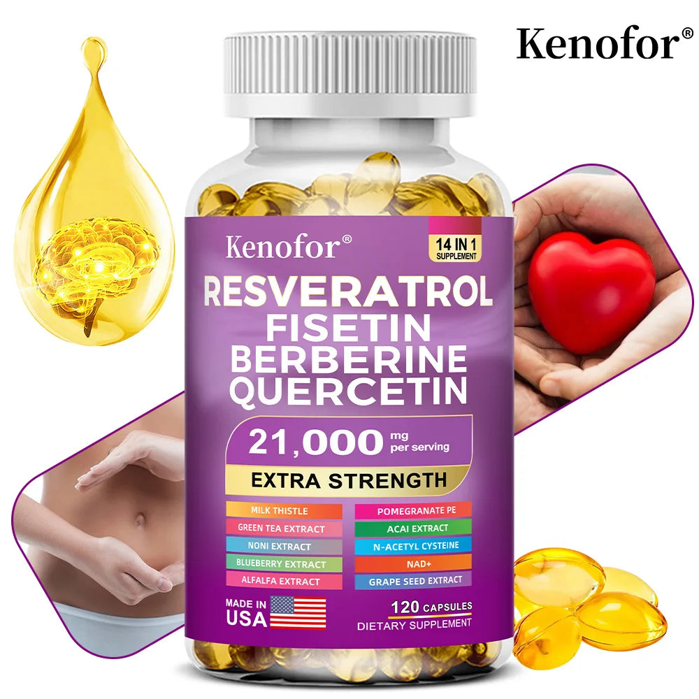 Resveratrol Supplement with Nad+, Berberine - 21000 Mg - Non-GMO and Gluten Free, 30/60/120 Capsules, Anti-Aging, Antioxidant