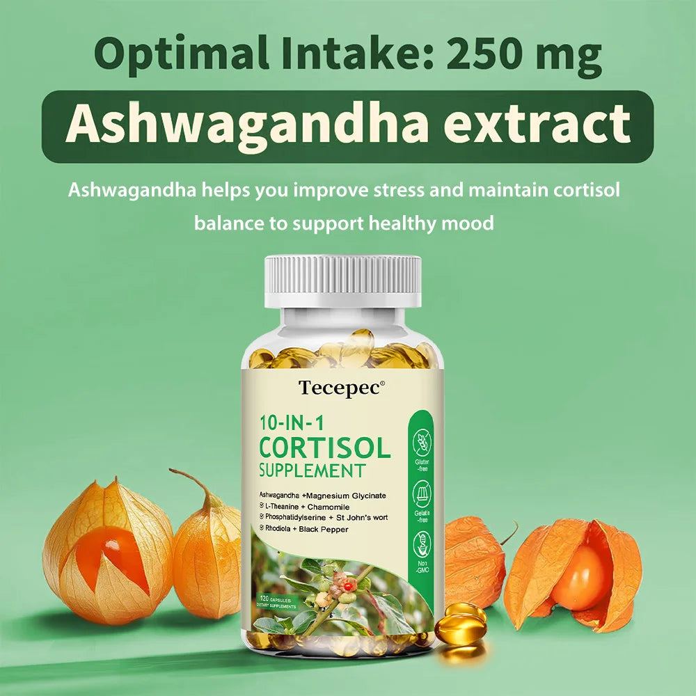 Cortisol Supplements, 10-in-1 Cortisol Detox with Ashwagandha, Magnesium, Black Pepper, Balanced Cortisol Levels, 120 Capsules