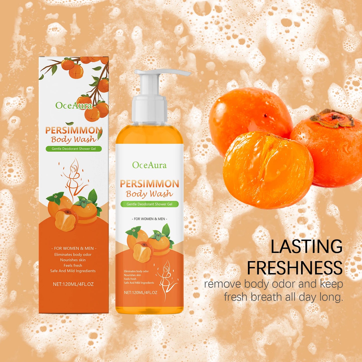 OCEAURA Persimmon Deodorizing Shower Gel Odor Remover Sweat Stains Body Cleaning Lasting Fragrance Smoothing Nourish Body Wash