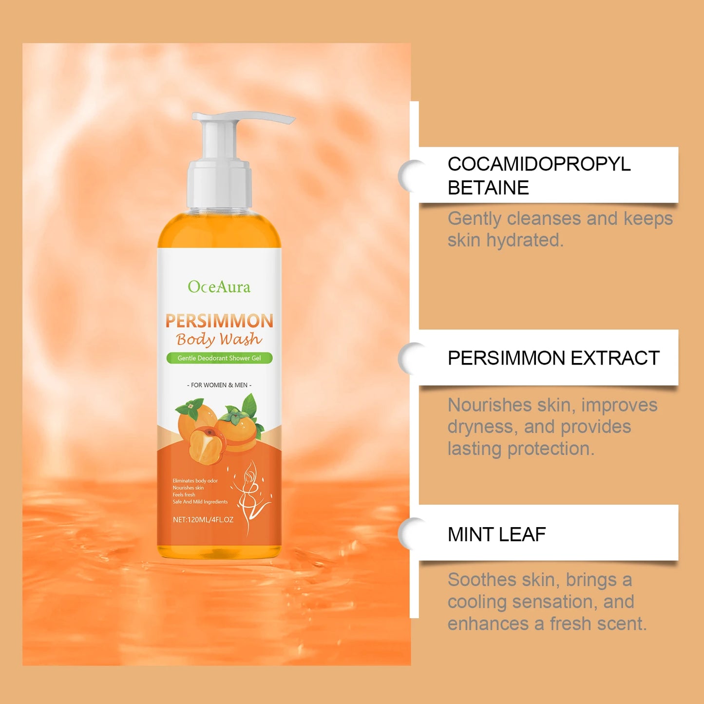 OCEAURA Persimmon Deodorizing Shower Gel Odor Remover Sweat Stains Body Cleaning Lasting Fragrance Smoothing Nourish Body Wash