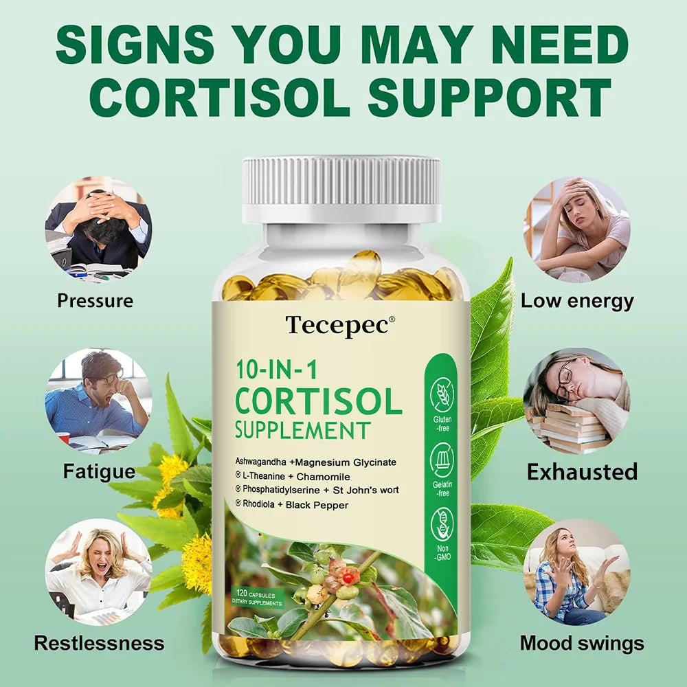 Cortisol Supplements, 10-in-1 Cortisol Detox with Ashwagandha, Magnesium, Black Pepper, Balanced Cortisol Levels, 120 Capsules