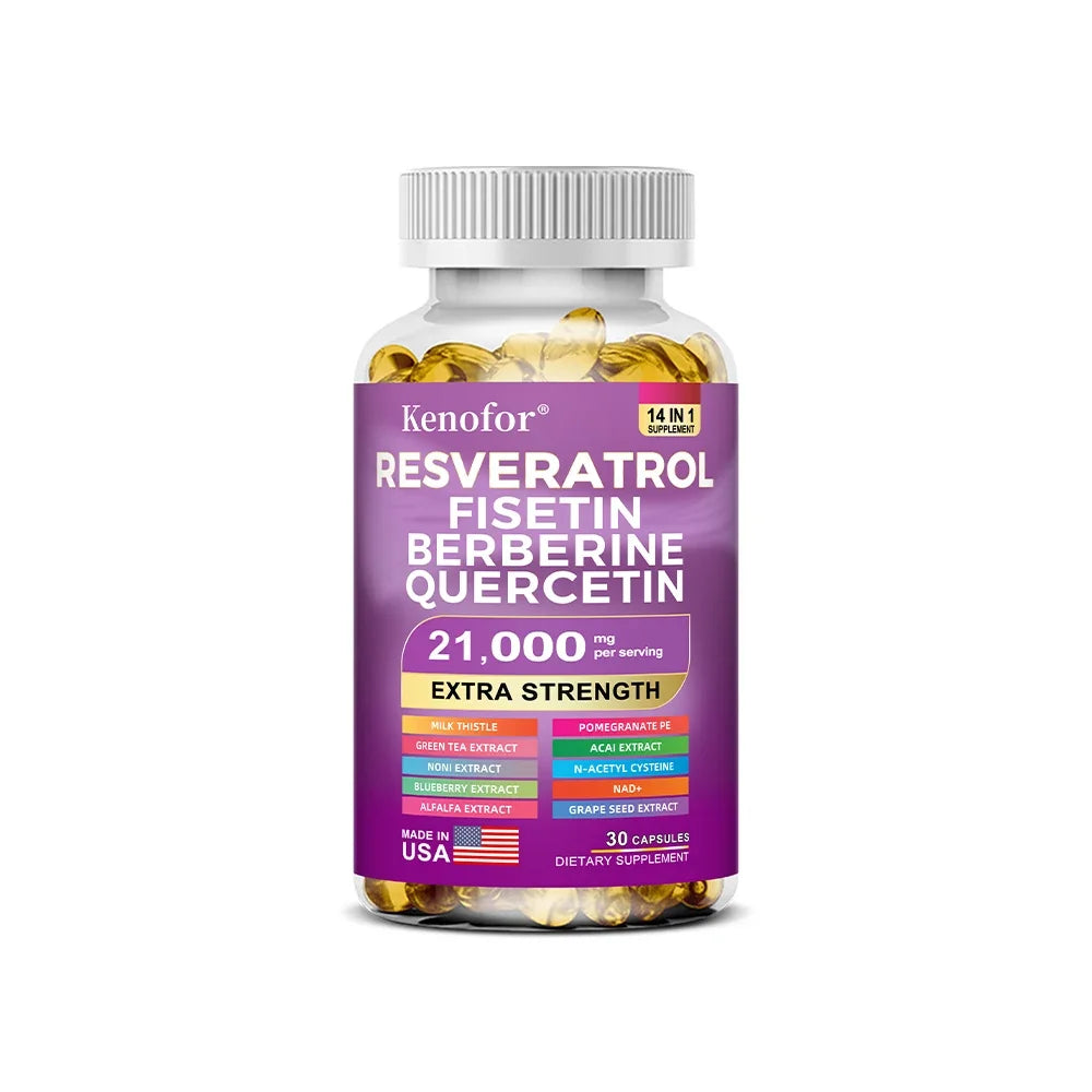 Resveratrol Supplement with Nad+, Berberine - 21000 Mg - Non-GMO and Gluten Free, 30/60/120 Capsules, Anti-Aging, Antioxidant