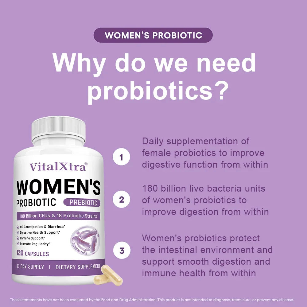 Women's Daily Probiotics, Containing Prebiotics, 180 Billion CFU, Promotes Digestive Health and Strengthens The Immune System