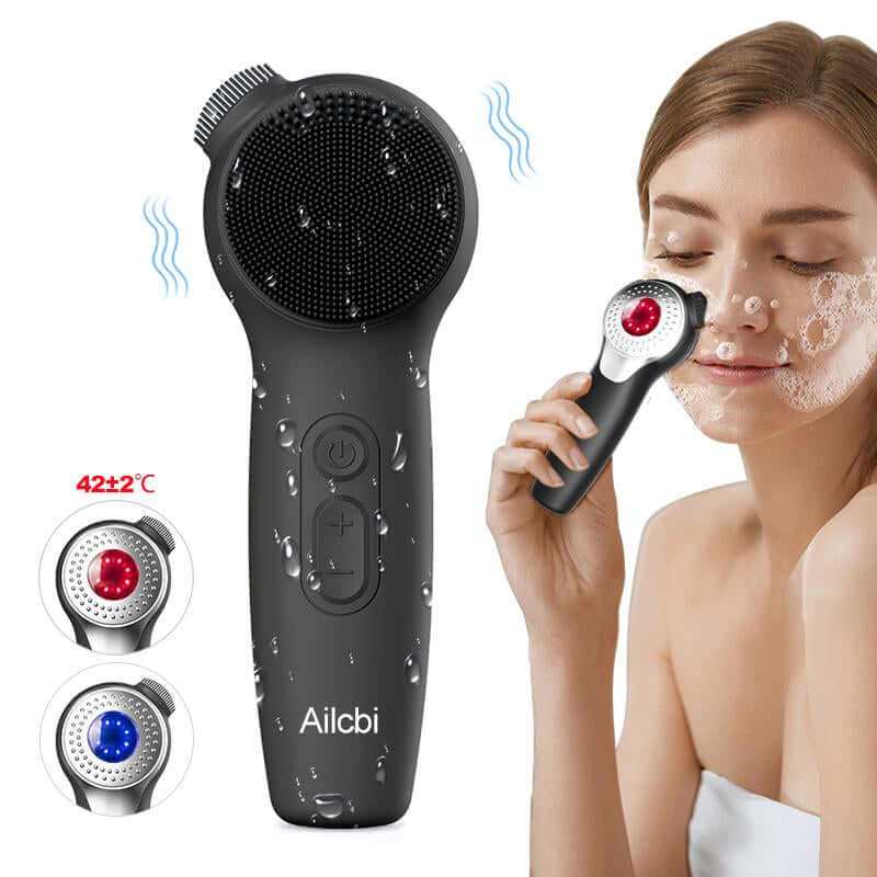 Premium silicone facial cleansing brush with multiple speed settings and red-blue light therapy for deep skin cleansing and rejuvenation