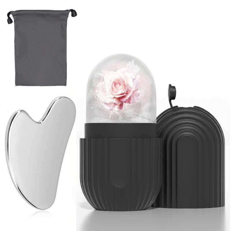 Facial Ice and Gua Sha Set with ice roller, silicone mold, and stainless steel gua sha tool for firming, hydrating, and rejuvenating skin