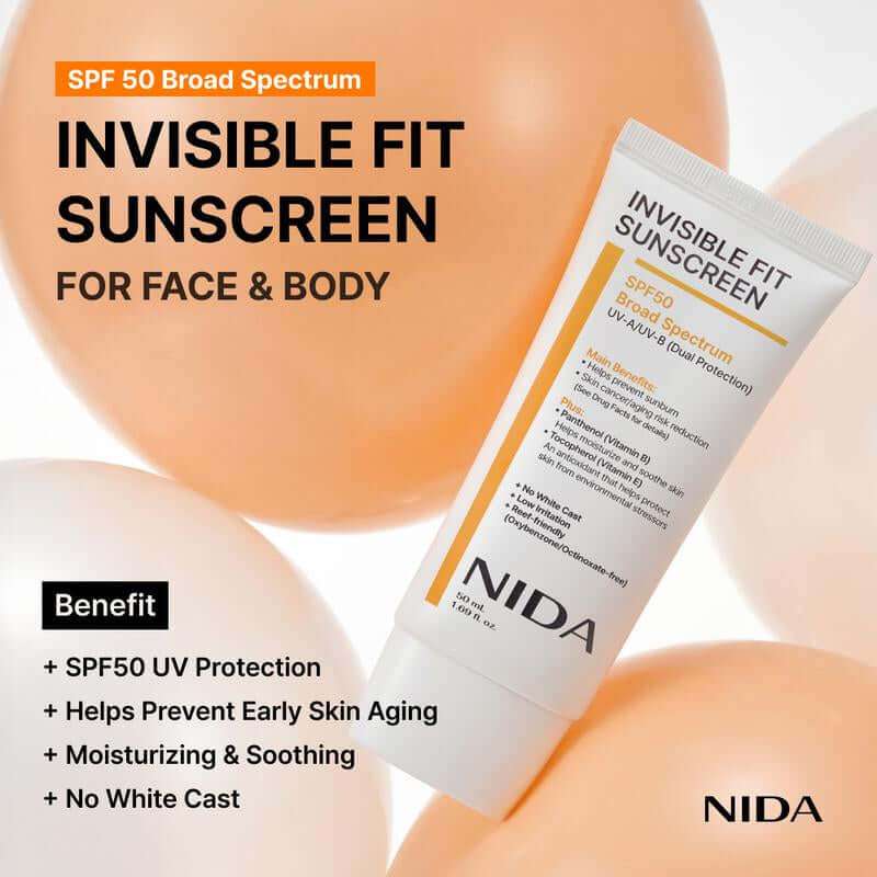 NIDA Invisible Fit Sunscreen SPF 50 bottle with lightweight, invisible sun protection