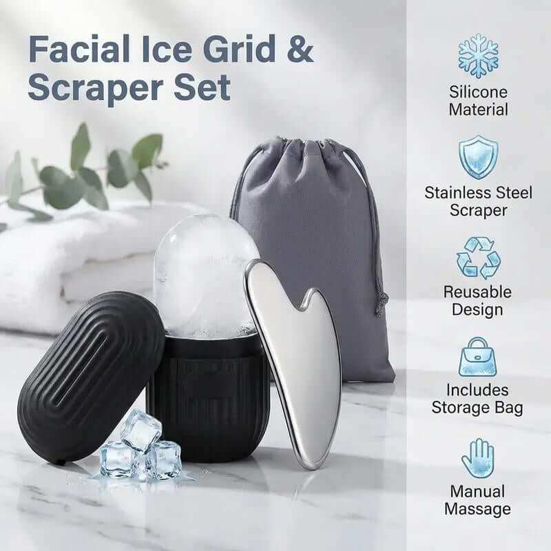 Facial Ice & Gua Sha Set with silicone mold, ice roller, and stainless steel gua sha tool for rejuvenating skincare and reducing puffiness