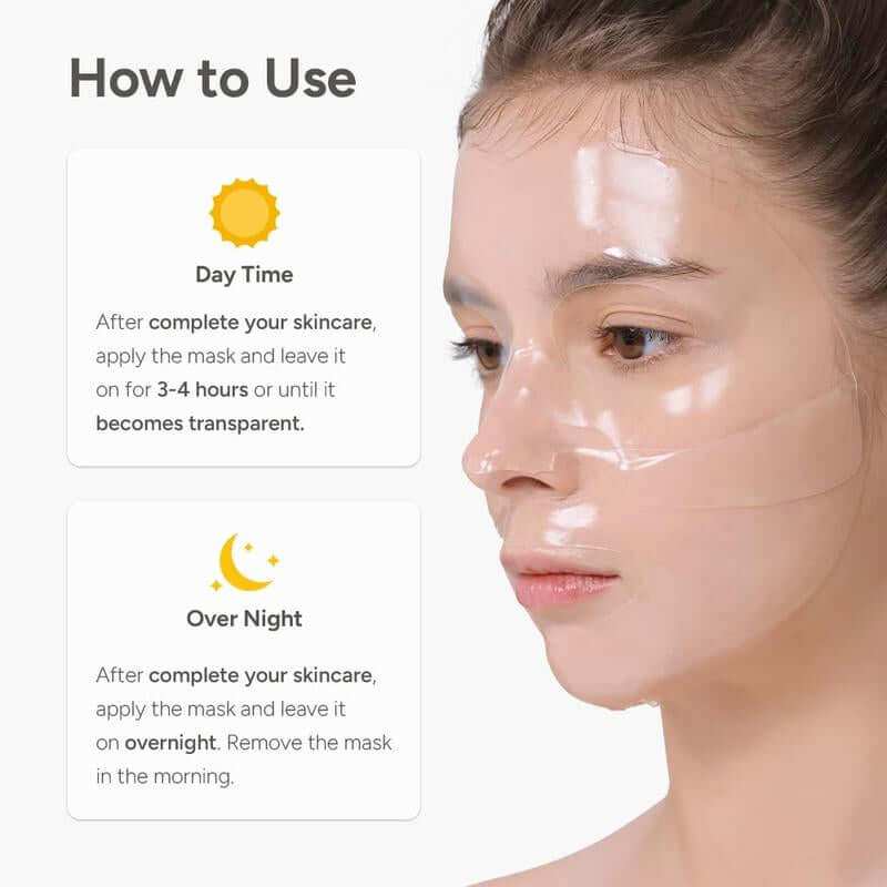 Deep Collagen Hydration Mask soaked hydrogel sheet on hand, showing transparent texture and packaging for overnight skin hydration and collagen boost