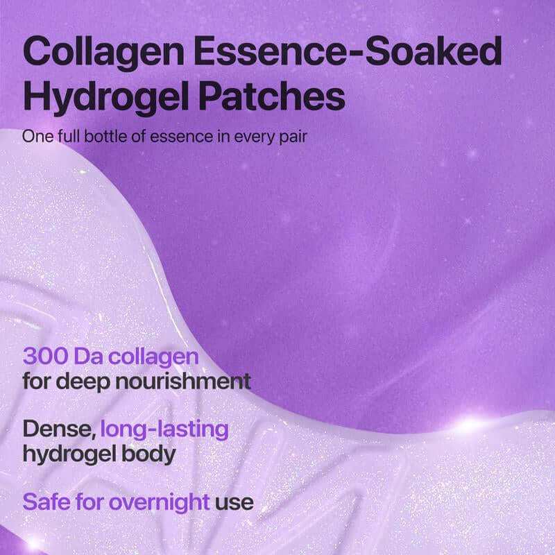NAD+ brightening eye patches with purple glitter and collagen for depuffing, firming, and brightening under-eye skin