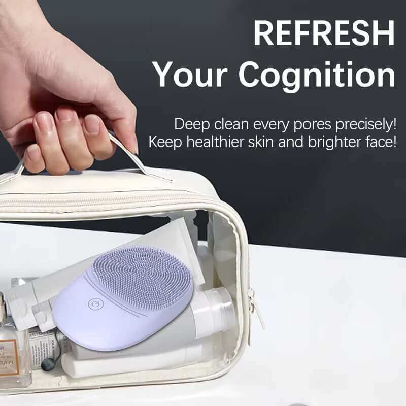 Light grey silicone sonic facial cleanser brush with compact design for deep skin cleansing