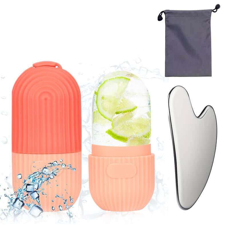 Facial Ice and Gua Sha set with silicone ice mold, ice roller, and stainless steel gua sha tool for skincare and anti-aging benefits