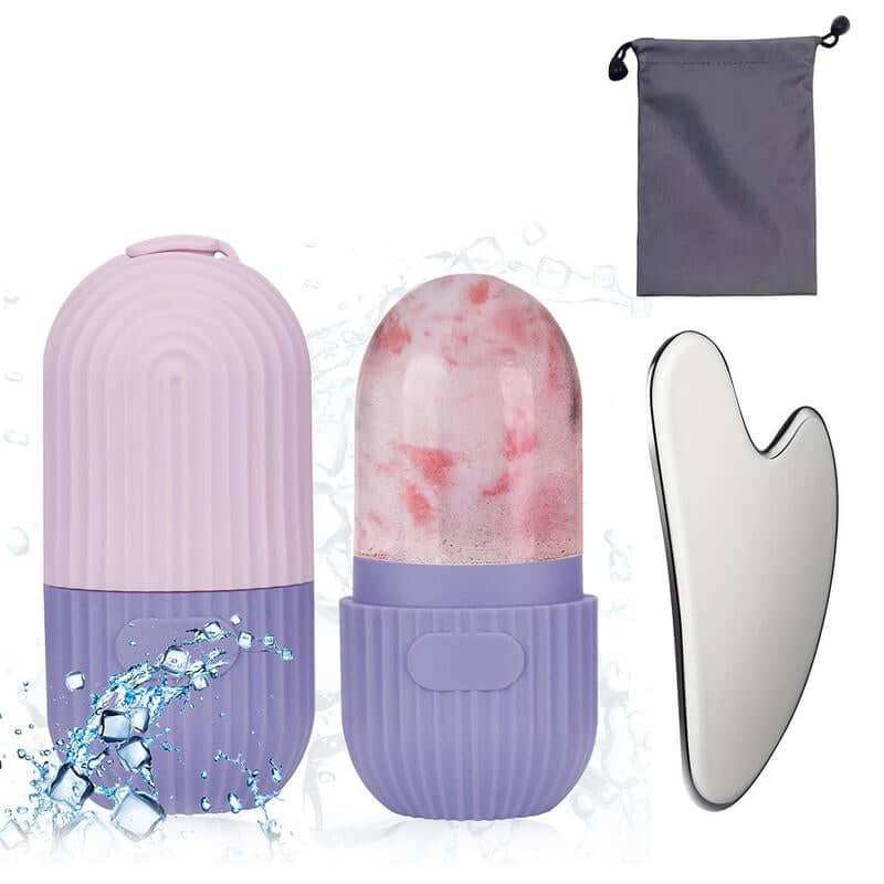 Facial Ice and Gua Sha set with silicone mold, ice roller, and stainless steel tool for skincare and anti-aging benefits