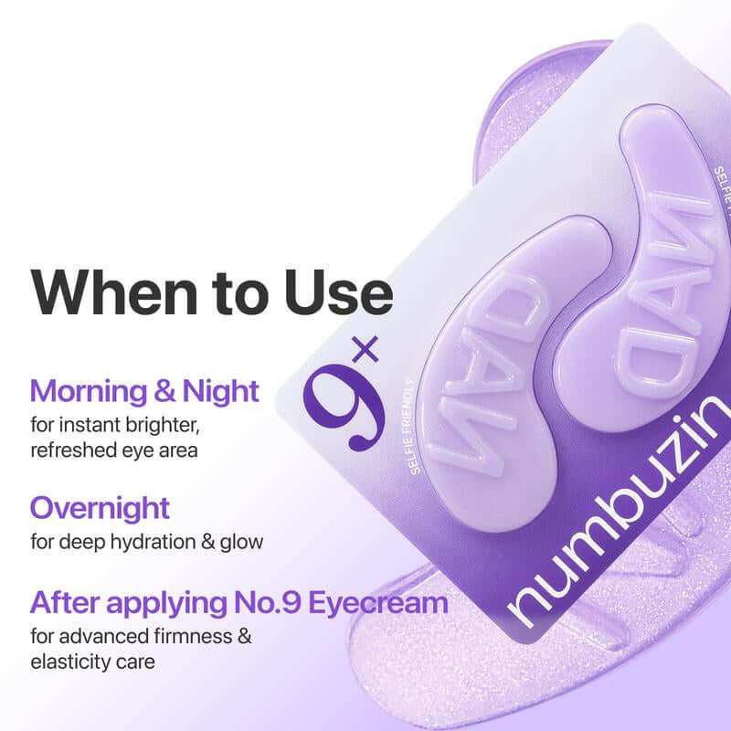 No.9 NAD+ Brightening Eye Patches with purple glitter for firming, depuffing, and brightening under-eyes