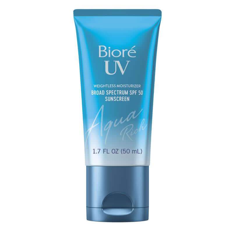 Bioré Aqua Rich UV Shield SPF 50 facial moisturizer and primer tube against white background