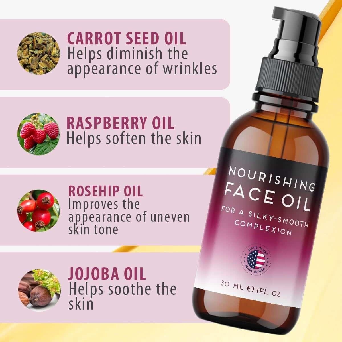 Glazed Donut Face Oil bottle with jojoba and rosehip oils for radiant skin