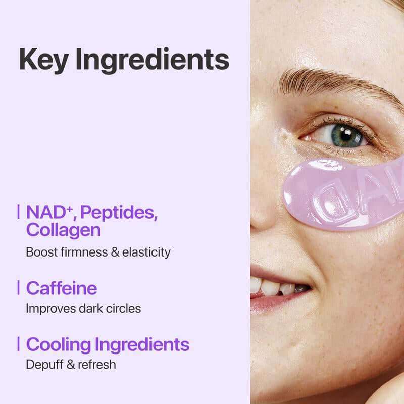 NAD+ brightening eye patches with purple glitter for reducing puffiness and dark circles under eyes
