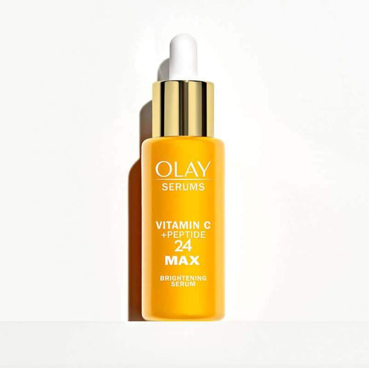 Olay Vitamin C Peptide Glow Serum bottle with citrus and peptide ingredients for brightening and anti-aging skin care