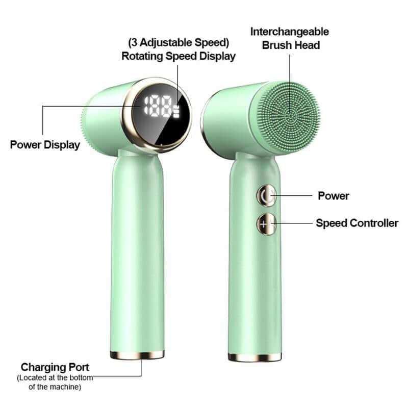 Electric cleansing brush set with six interchangeable heads for gentle exfoliation and deep facial cleansing