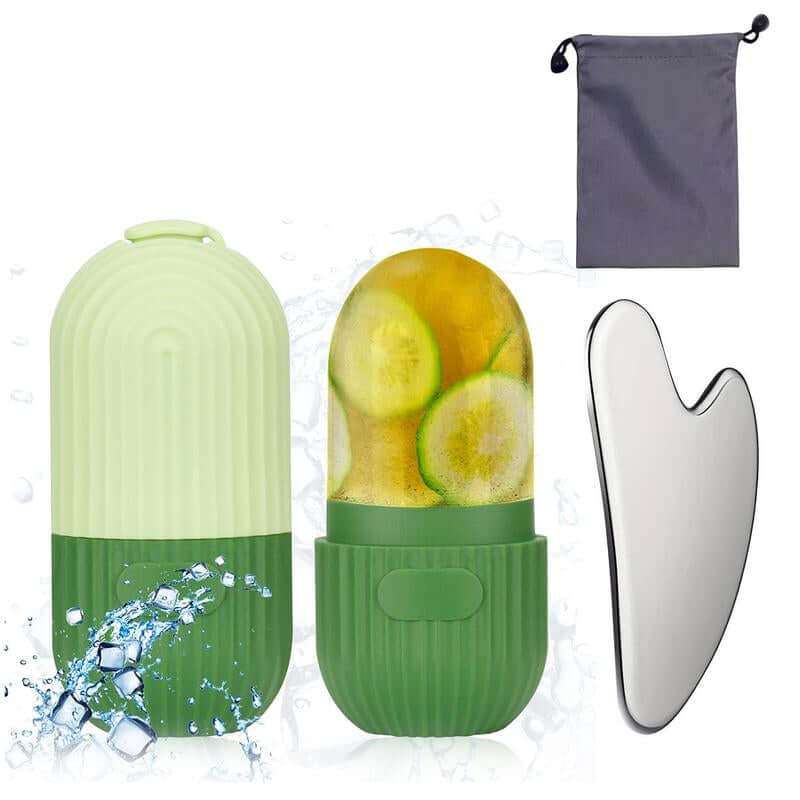 Facial Ice and Gua Sha Set with ice roller, silicone mold, and stainless steel tool for youthful, firm, and radiant skin.