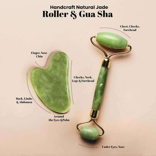 Jade Roller & Gua Sha Set for facial rejuvenation, slimming, and sculpting skin with reduced puffiness and improved elasticity