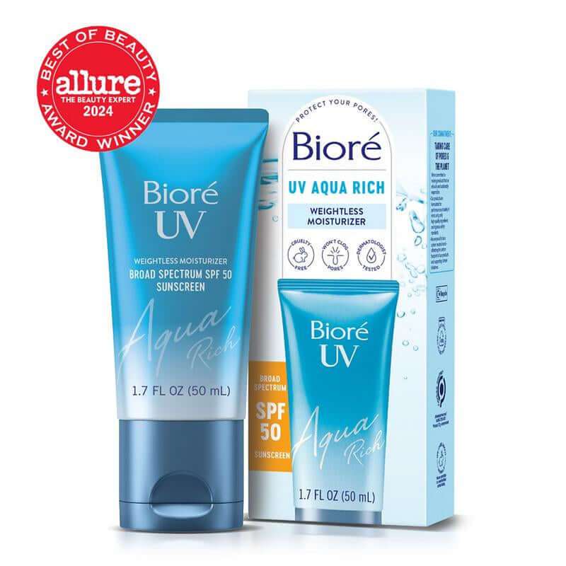 Bioré Aqua Rich UV Shield SPF 50 facial moisturizer and sunscreen tube