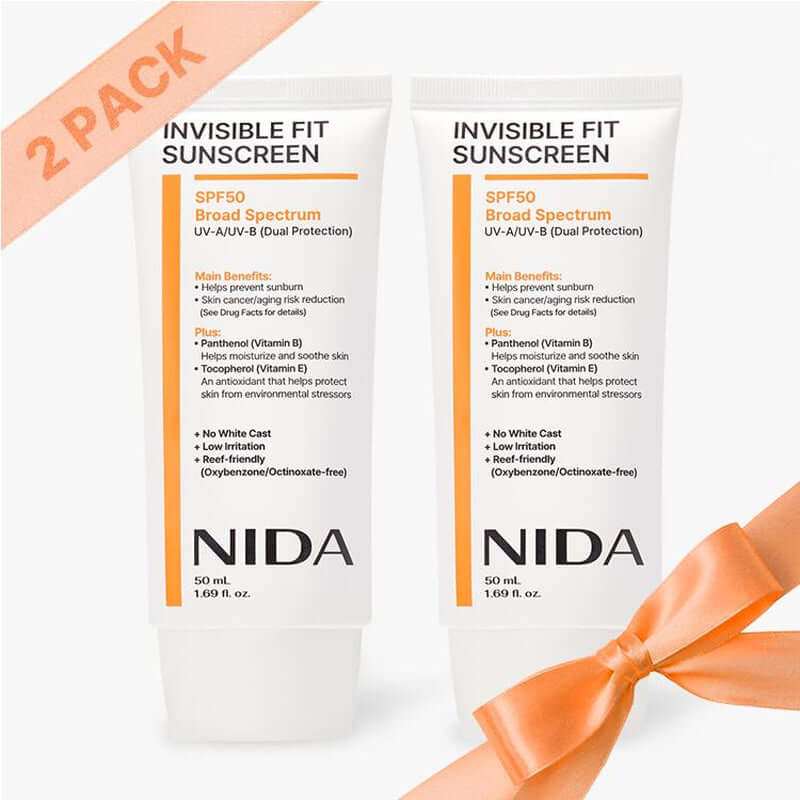NIDA Invisible Fit Sunscreen SPF 50 bottle with lightweight, invisible sun protection and skin-nourishing formula