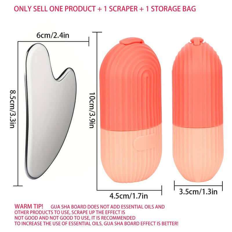 Facial Ice and Gua Sha Set with silicone mold, ice roller, and stainless steel tool for skin rejuvenation and anti-aging