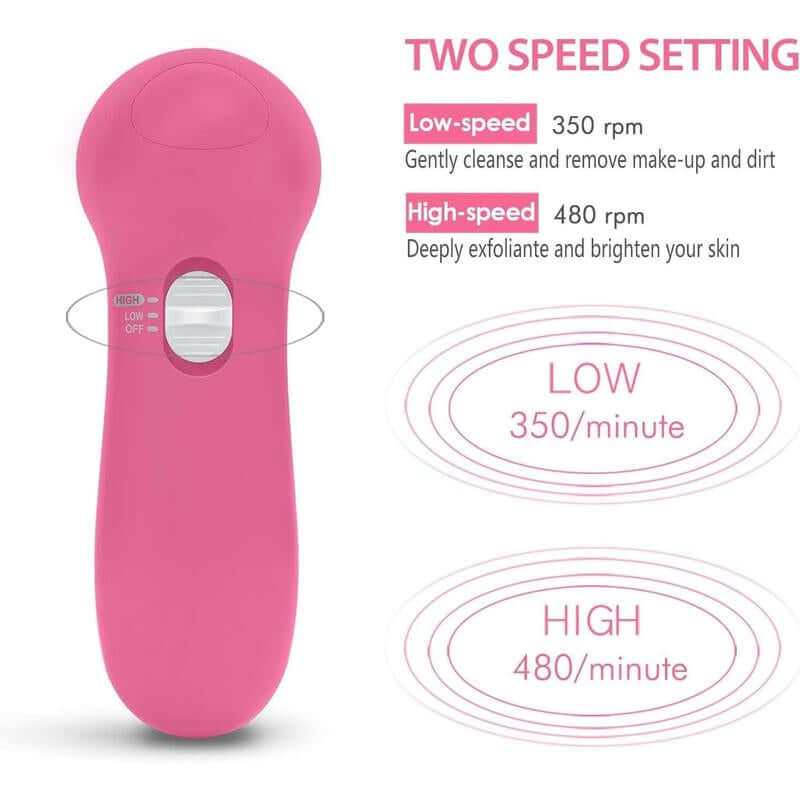 5-in-1 facial cleansing brush with interchangeable heads for deep exfoliation and makeup removal