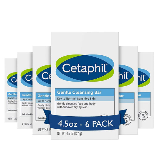 Gentle Cleansing Bar, 4.5 Oz Bar (Pack of 6), Nourishing Cleanser Bar for Dry, Sensitive Skin, Non-Comedogenic, (Packaging May Vary)