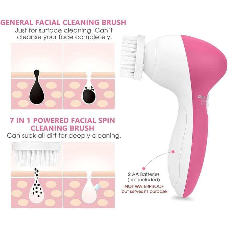 5-in-1 facial cleansing brush with interchangeable heads for deep skincare and makeup removal