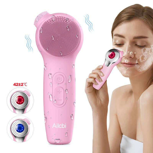 Premium silicone facial cleansing brush with red and blue light therapy for deep skin cleansing and massage