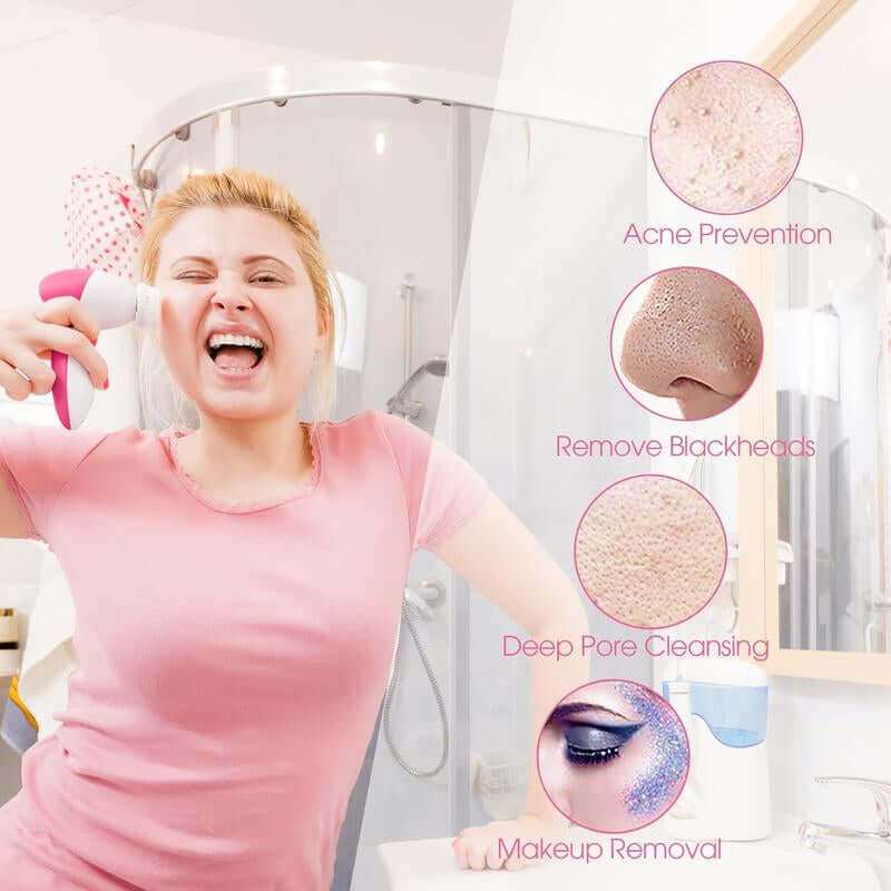 5-In-1 Facial Cleansing Brush with seven interchangeable brush heads for deep skincare and makeup removal